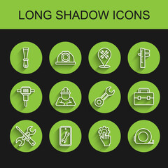 Set line Screwdriver and wrench, Mobile service, Putty knife, Settings in the hand, Roulette construction, Builder, Toolbox and Wrench spanner icon. Vector