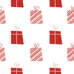 Fototapeta premium Christmas Seamless Pattern with gift boxes. Holiday winter square pattern. White background. Cute illustration. Winter wallpaper