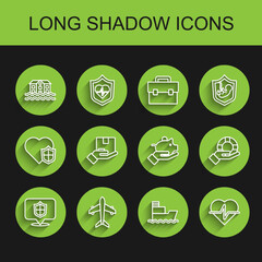 Set line Location shield, Plane, House flood, Ship, Life insurance, Delivery, Lifebuoy hand and Piggy bank icon. Vector