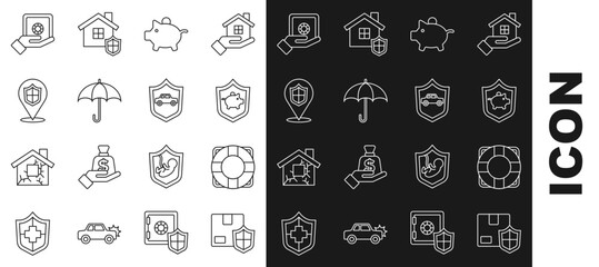 Set line Delivery security with shield, Lifebuoy, Piggy bank, Umbrella, Location, Safe in hand and Car icon. Vector