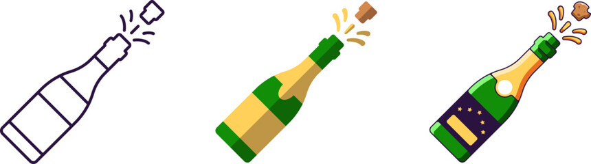 Merry Christmas and Happy New Year concept. Collection of icon of champagne in line, flat and cartoon styles for web sites, adverts, articles, shops, stores