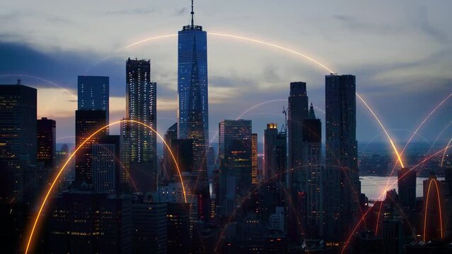 Holographic arches over a futuristic aerial view of New York connected by blue lines. Representing concepts as: Smart city, IOT, AI, cloud computing, wireless technology. 