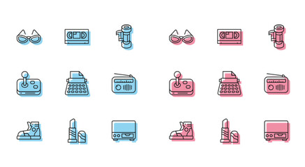 Set line Sport sneakers, Lipstick, Glasses, Old video cassette player, Retro typewriter, Radio with antenna, Joystick and VHS tape icon. Vector