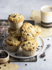 Chocolate chip muffins in plate on light gray background rustic style composition