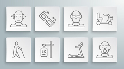 Fototapeta premium Set line Blind human holding stick, Eyeglasses, IV bag, Treadmill machine, Head of deaf and dumb, Poor eyesight, Electric wheelchair and Deaf icon. Vector
