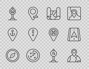 Set line Compass, Location on the globe, Folded map, Radar with targets monitor, Hotel sign for traffic, exclamation mark, Turn back road and City navigation icon. Vector