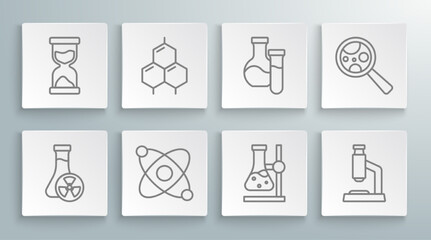 Set line Test tube with toxic liquid, Chemical formula, Atom, flask on stand, Microscope, Microorganisms under magnifier and Old hourglass icon. Vector
