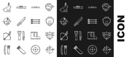 Set line Hunt on duck with crosshairs, moose, Bear head shield, Trap hunting, Hunter knife, rabbit, Rabbit and Hipster arrows icon. Vector