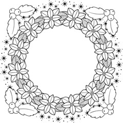 Poinsettia wreath with Holly plant and stars on transparent background