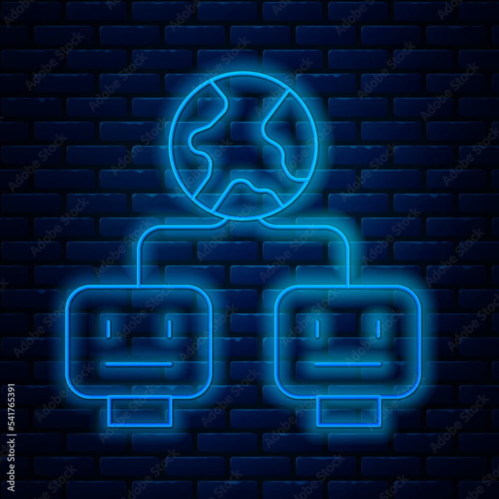 Poster glowing neon line artificial intelligence icon isolated on brick wall background. machine learning, 