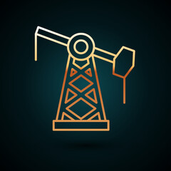Gold line Oil pump or pump jack icon isolated on dark blue background. Oil rig. Vector