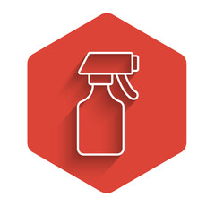 White line Water spray bottle icon isolated with long shadow background. Sprinkler for ironing. Red hexagon button. Vector