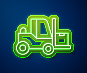 Glowing neon line Forklift truck icon isolated on blue background. Fork loader and cardboard box. Cargo delivery, shipping, transportation. Vector
