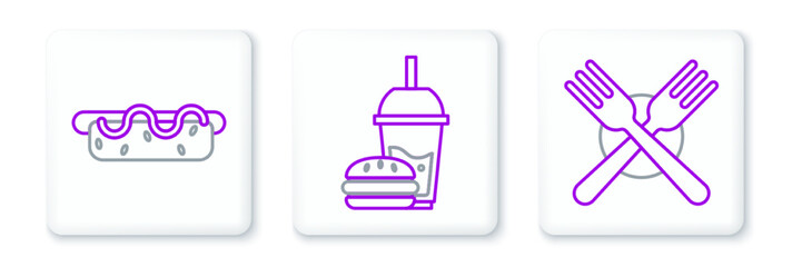 Set line Crossed fork, Hotdog sandwich with mustard and Paper glass drinking straw burger icon. Vector