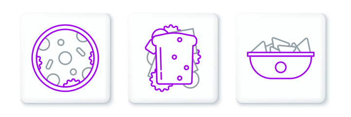 Set line Nachos in plate, Pizza and Sandwich icon. Vector