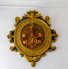 crest and family seal of the Palffy Family on the wall inside the bojnice Castle