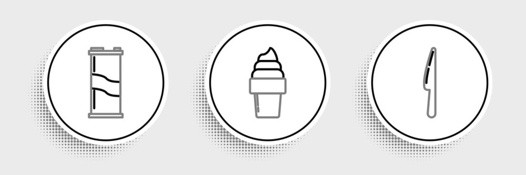 Set Line Knife, Soda Can And Ice Cream In Waffle Cone Icon. Vector