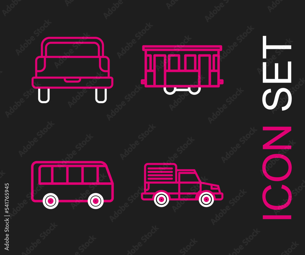 Sticker Set line Delivery cargo truck vehicle, Bus, Old city tram and Pickup icon. Vector