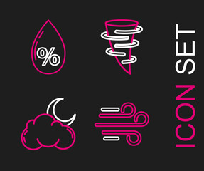 Set line Wind, Cloud with moon and stars, Tornado and Water drop percentage icon. Vector