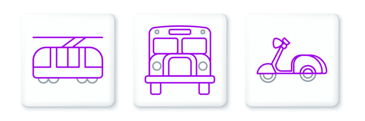Set line Scooter, Tram and railway and School Bus icon. Vector