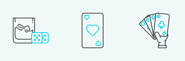 Set line Hand holding playing cards, Game dice glass of whiskey with ice cubes and Playing heart symbol icon. Vector