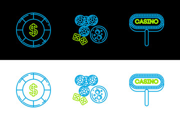 Set line Casino signboard, chip with dollar symbol and chips, game dice and glass of whiskey ice cubes icon. Vector