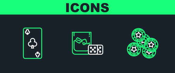 Set line Casino chips, Playing card with clubs symbol and Game dice and glass of whiskey ice cubes icon. Vector