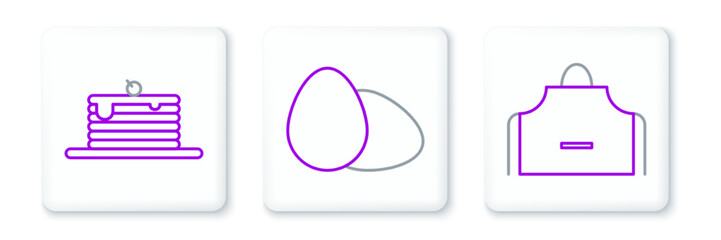 Set line Kitchen apron, Stack of pancakes and Chicken egg icon. Vector