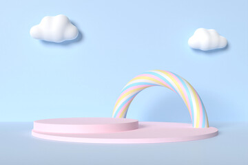 Cute pastel product display stands with arch of spiral rainbow and white clouds on blue background, 3D rendering. Children product presentation scene.