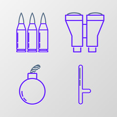 Set line Police rubber baton, Bomb ready explode, Binoculars and Bullet icon. Vector