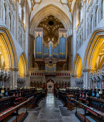view of the Choir and the church organ inside the historic cathedral of Wells - obrazy, fototapety, plakaty