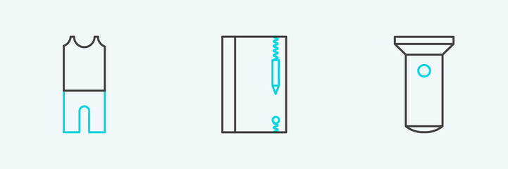 Set line Flashlight, Wetsuit for scuba diving and Underwater note book and pencil icon. Vector