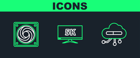 Set line Internet of things, Computer cooler and Monitor display with 5k video icon. Vector