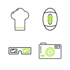 Set line Photo camera, 3D cinema glasses, American Football ball and Chef hat icon. Vector