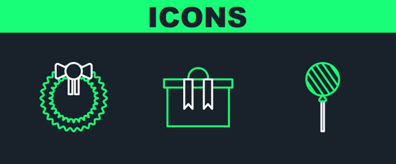 Set line Lollipop, Christmas wreath and Gift box icon. Vector