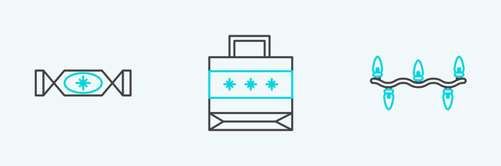 Set line Christmas lights, Candy and paper shopping bag icon. Vector