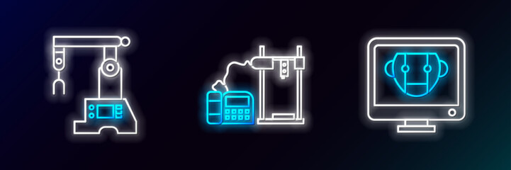 Set line Bot, Assembly line and 3D printer icon. Glowing neon. Vector