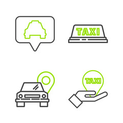 Set line Hand on map pointer with taxi, Map, Taxi car roof and icon. Vector