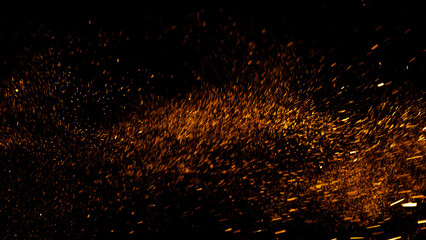 Fototapeta na wymiar Overlay fire sparks bonfire embers. Burning red hot flying sparks fire overlays rise in the dark night. Royalty high-quality stock fire embers particles rising over on black background. Ember rising