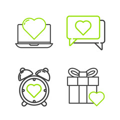 Set line Gift box and heart, Heart in the center alarm clock, Like and Laptop with icon. Vector