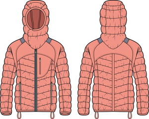 Womens Quilted Puffer Hoodie jacket design flat sketch Illustration, Down puffa Padded Hooded jacket with front and back view, Soft shell winter jacket for girls and ladies for outerwear in winter. © JERZEY DESINZ