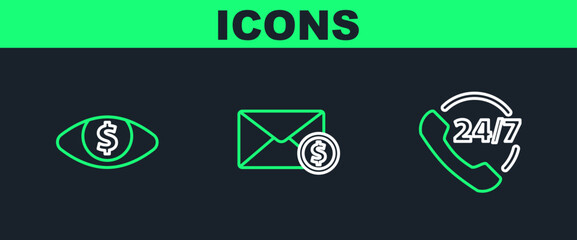Set line Telephone 24 hours support, Eye with dollar and Envelope coin icon. Vector