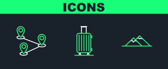Set line Mountains, Route location and Suitcase for travel icon. Vector