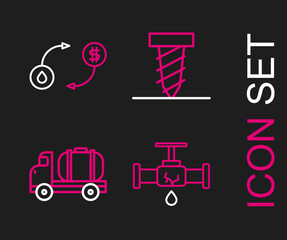 Set line Broken pipe with leaking water, Tanker truck, Rotating drill digging hole and Oil exchange icon. Vector