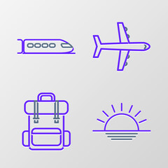 Set line Sunset, Hiking backpack, Plane and Train icon. Vector