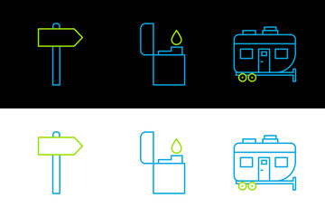 Set line Rv Camping trailer, Road traffic signpost and Lighter icon. Vector