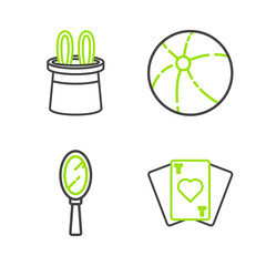 Set line Playing cards, Magic hand mirror, Beach ball and Magician hat rabbit ears icon. Vector