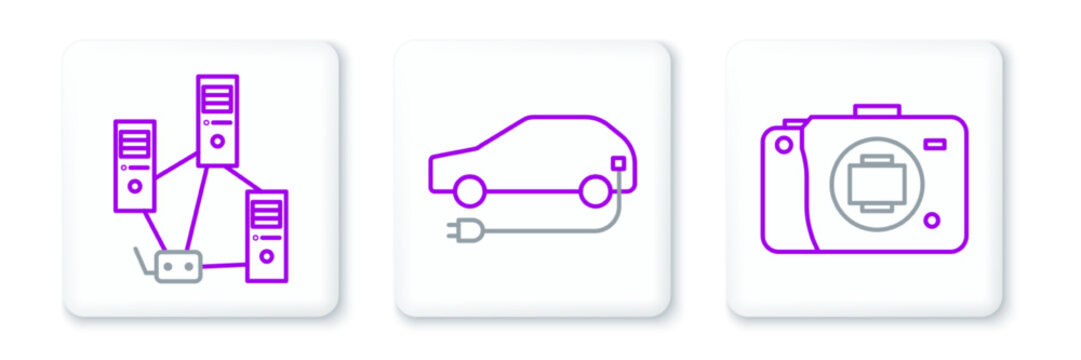 Set line Mirrorless camera, Computer network and Electric car icon. Vector