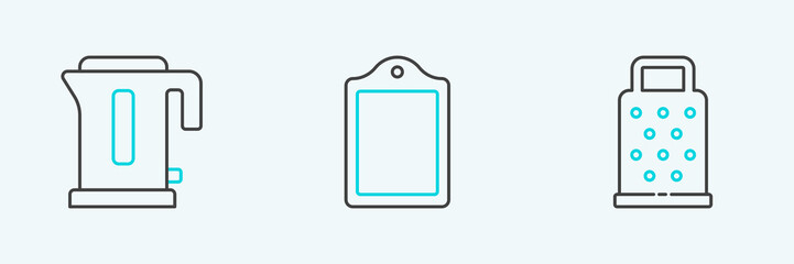 Set line Grater, Electric kettle and Cutting board icon. Vector