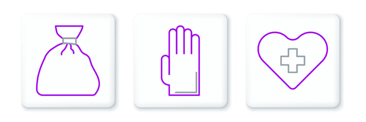 Set line Heart with a cross, Garbage bag and Rubber gloves icon. Vector
